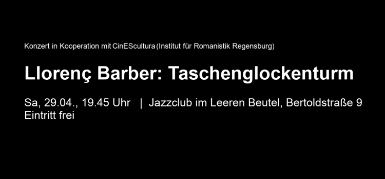 (Deutsch) Llorenç Barber mit seinem Taschenglockenturm am 29. April im Leeren Beutel